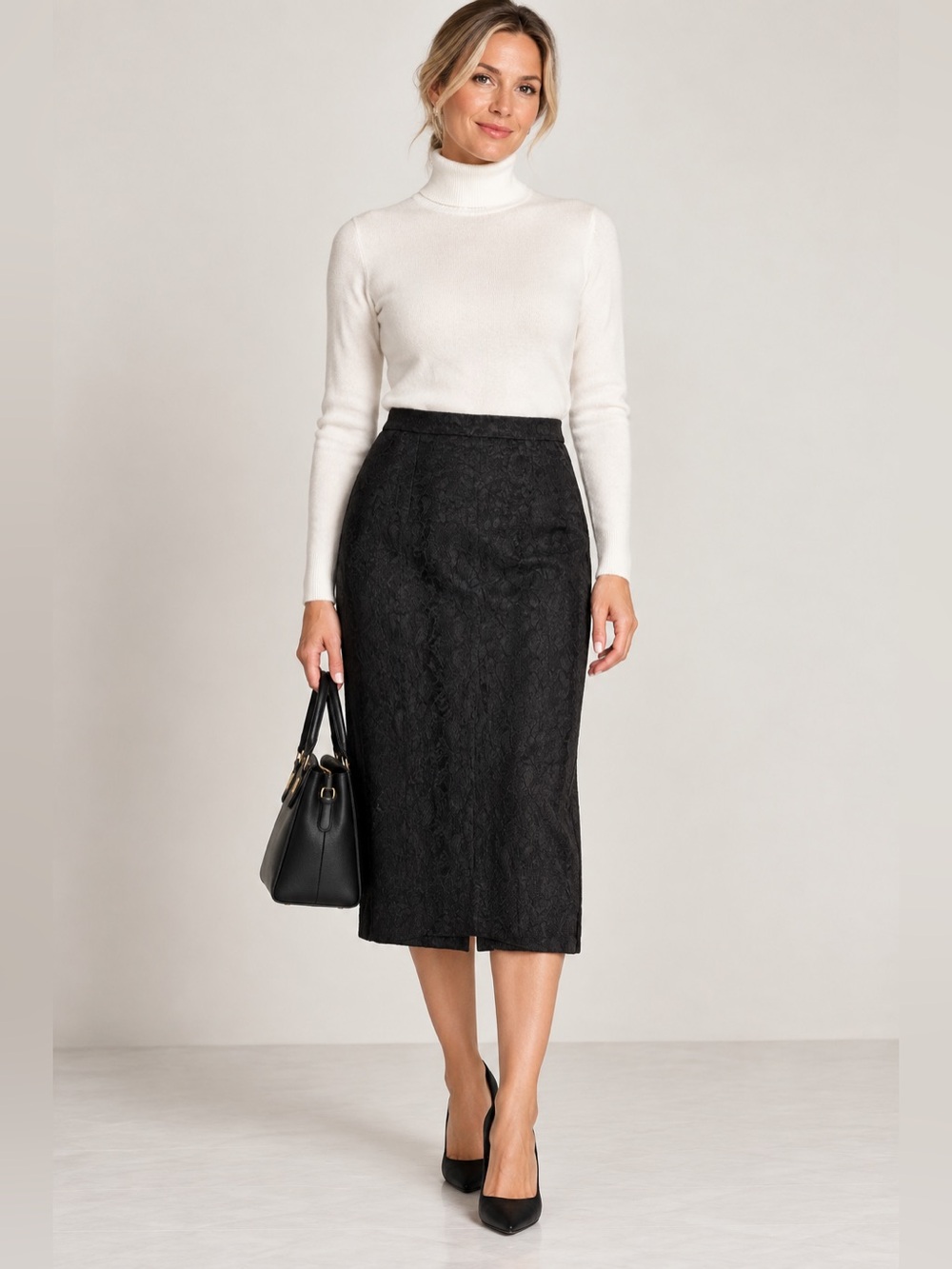 Jennifer Lopez Floral Textured Lace Lined Pencil Skirt Women's 6 Black